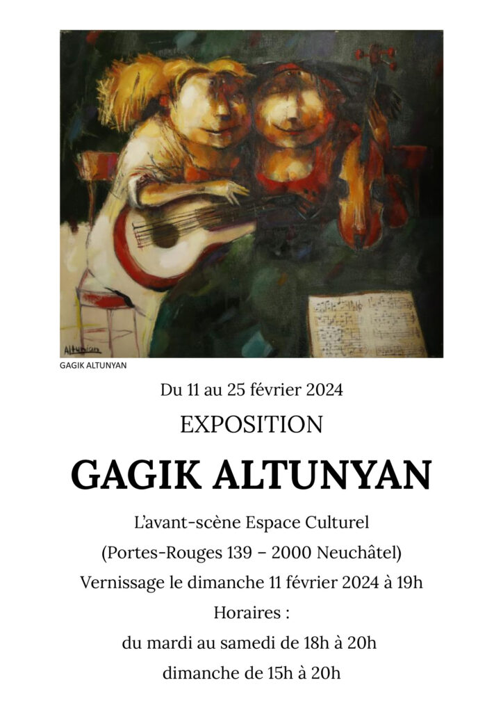 L’avant-scène Espace Culturel
(Portes-Rouges 139 – 2000 Neuchâtel)

Du 11 au 25 février 2024
du mardi au samedi de 18h à 20h
dimanche de 15h à 20h